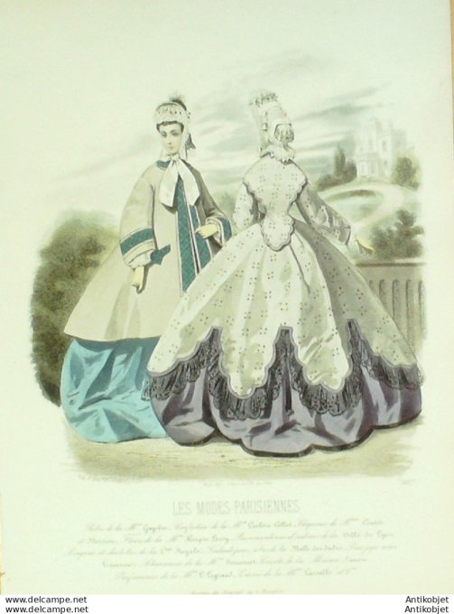 Gravure Les Modes Parisiennes 1863 #1107 Toilettes satin Maison Cagelin