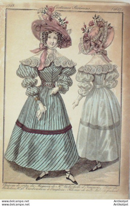 Gravure de mode Costume Parisien 1828 n°2637 Robe de foulard pélerine