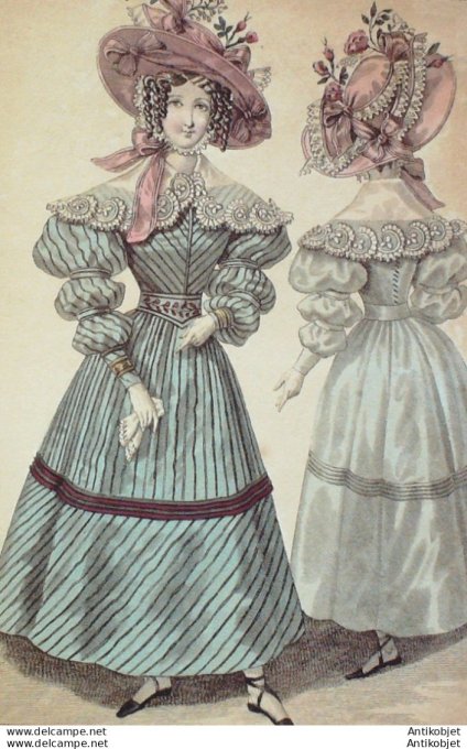 Gravure de mode Costume Parisien 1828 n°2637 Robe de foulard pélerine
