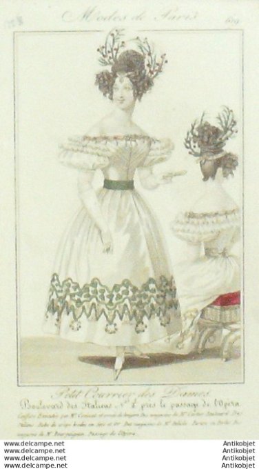 Gravure Mode Courrier des Dames 1827 #  619 (eau forte old Fashion plate)