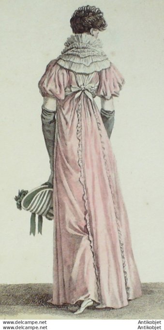 Gravure de mode Costume Parisien 1807 n° 824 Fichu anglais Robe du matin