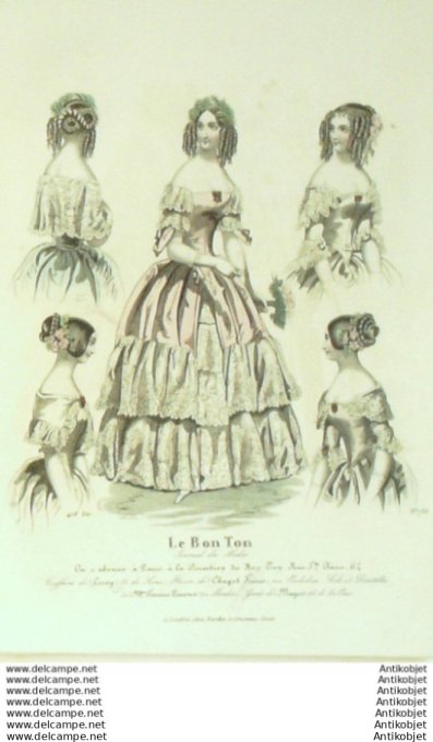 Gravure Mode Le Bon Ton 1843 # 755 (aquarelle old fashion plate)