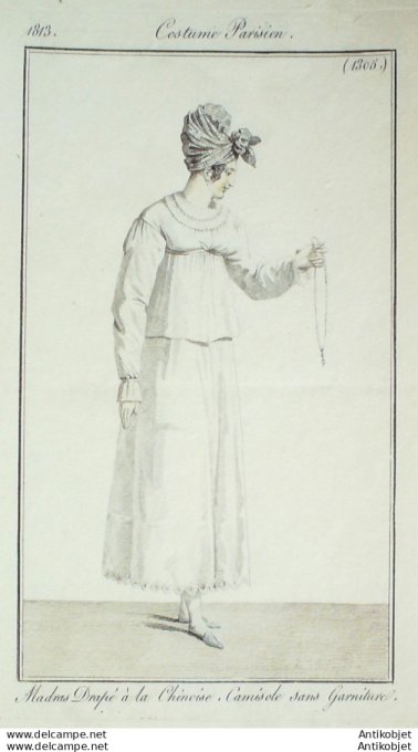 Gravure de mode Costume Parisien 1813 n°1305 Madras drapé à la chinoise