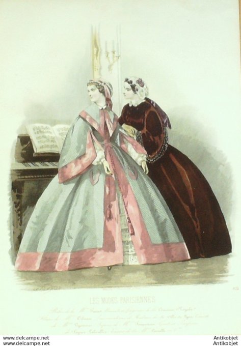 Gravure Les Modes Parisiennes 1860 # 924 Robes en passementeries Maison Fauvet