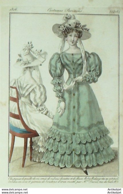 Costume Parisien 1826 # 2408 Robes redingotes en cot-pali brodées