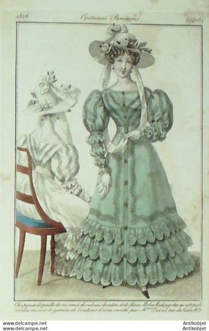 Gravure de mode Costume Parisien 1826 n°2408 Robes redingotes en cot-pali brodées