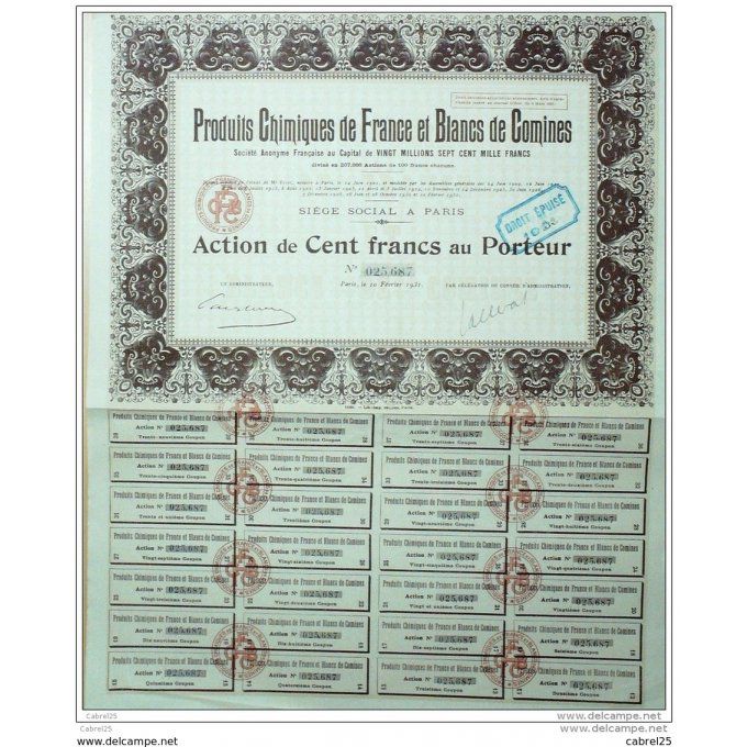 PRODUITS CHIMIQUES et BLANCS de COMINES-ACTION-100 FR-1931