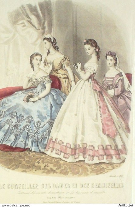 Gravure Mode Conseiller des Dames 1863 # 12 (aquarellee Old Fashion plate)