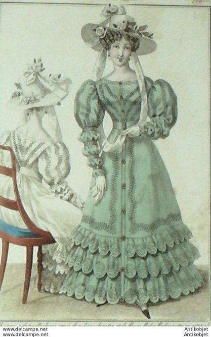 Gravure de mode Costume Parisien 1826 n°2408 Robes redingotes en cot-pali brodées