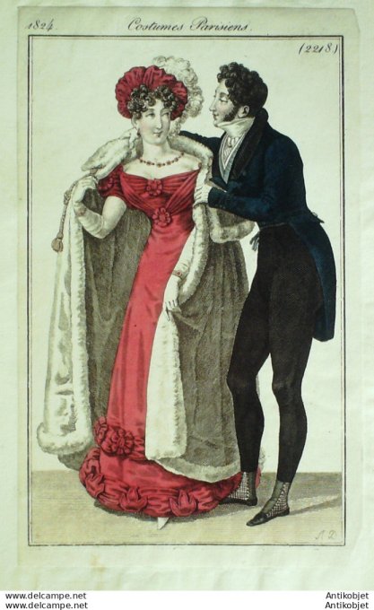 Gravure de mode Costume Parisien 1824 n°2218 Habit de drap redingote