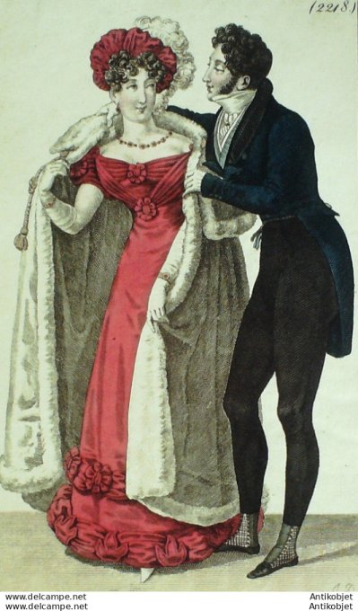 Gravure de mode Costume Parisien 1824 n°2218 Habit de drap redingote
