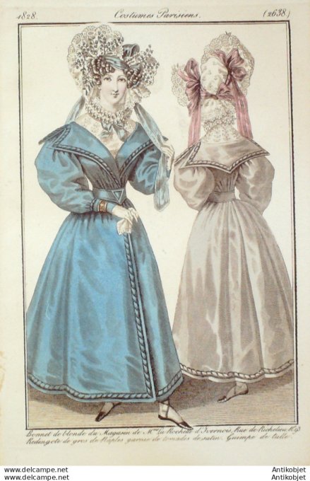 Gravure de mode Costume Parisien 1828 n°2638 Redingote de gros de Naples