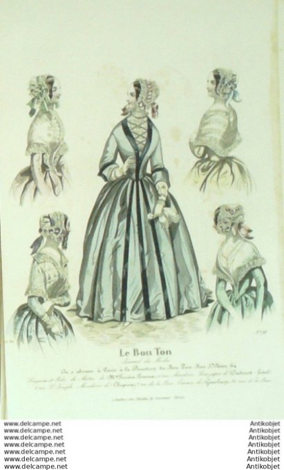 Gravure Mode Le Bon Ton 1843 # 746 (aquarelle old fashion plate)