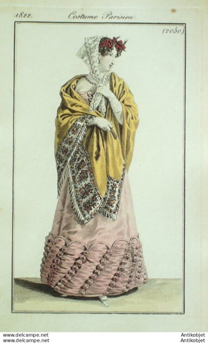 Gravure de mode Costume Parisien 1822 n°2050 Robe de satin garnie de coques