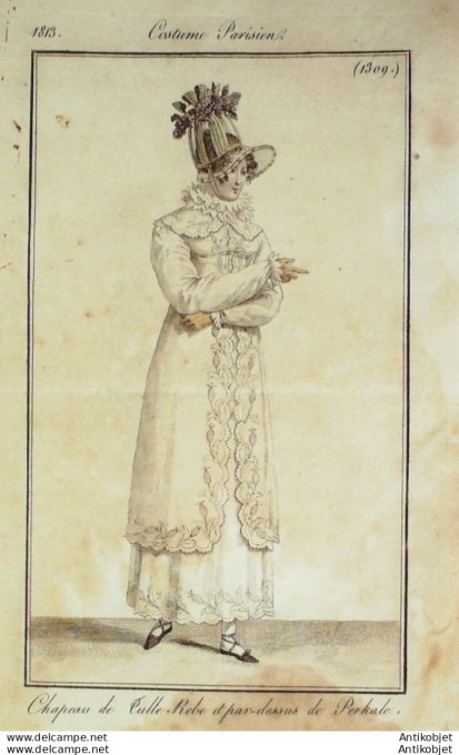 Gravure de mode Costume Parisien 1813 n°1309 Robe et pardessus de Perkale