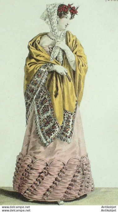 Gravure de mode Costume Parisien 1822 n°2050 Robe de satin garnie de coques