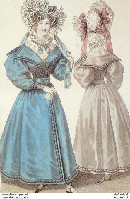 Gravure de mode Costume Parisien 1828 n°2638 Redingote de gros de Naples