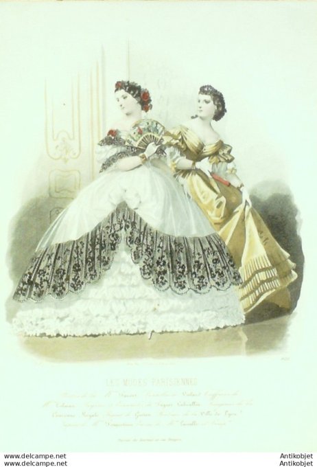 Gravure Les Modes Parisiennes 1860 # 925 Robes en dentelles Maison Fauvet