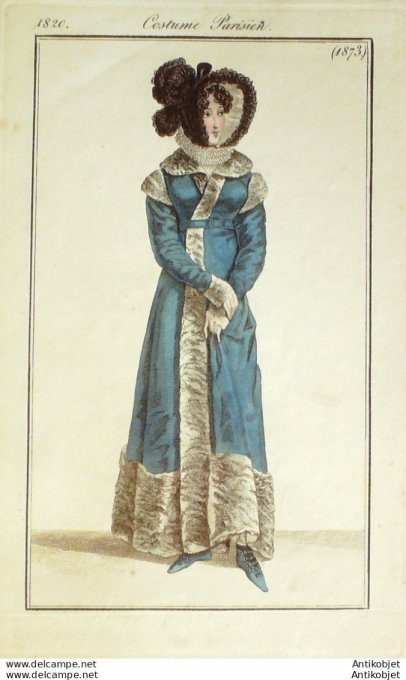 Gravure de mode Costume Parisien 1820 n°1873 Robe perkale à corsage plissé