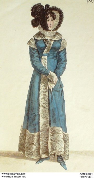 Gravure de mode Costume Parisien 1820 n°1873 Robe perkale à corsage plissé