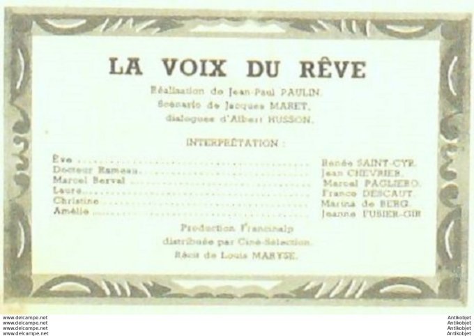 La Voix du Rêve Renée de St Cyr Marcel Pagliero Jean Chevrier