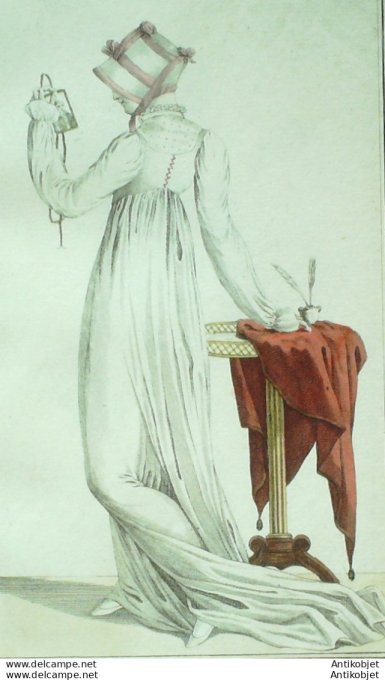 Gravure de mode Costume Parisien 1802 n° 413 (An 10) Capote manches Mameluck