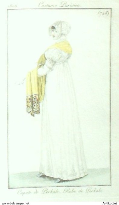 Costume Parisien 1806 # 728 (eau forte) Robe & capote de Perkale