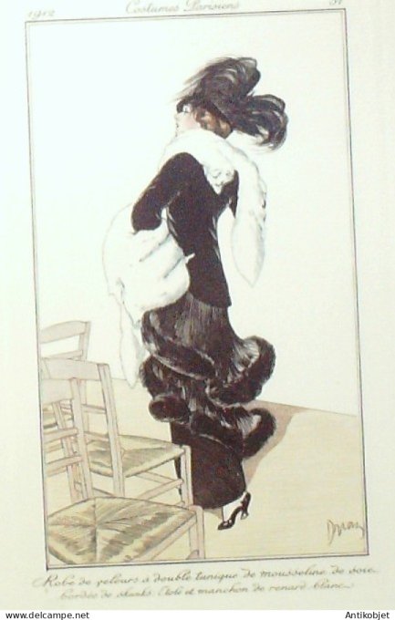 Gravure de mode Costume Parisien 1912 pl.31 DRIAN Etienne Robe velours