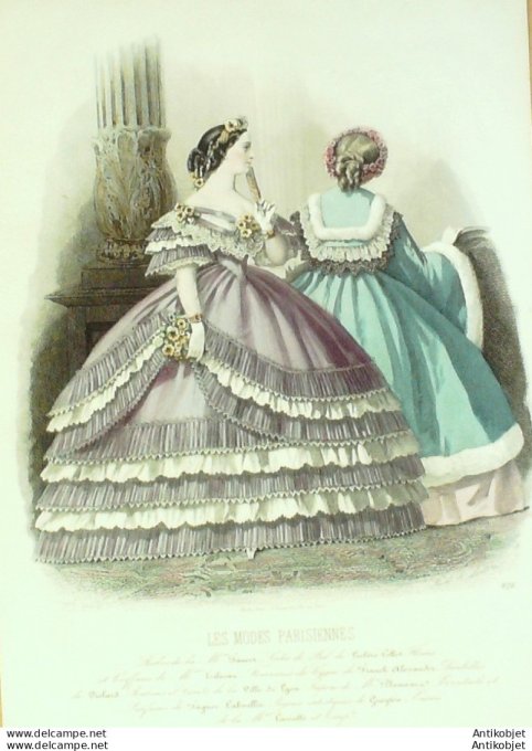 Gravure Les Modes Parisiennes 1860 # 926 Robes de soirées Maison Fauvet