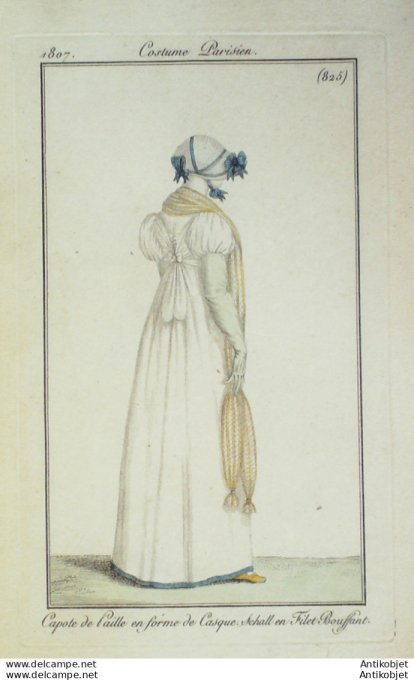 Gravure de mode Costume Parisien 1807 n° 825 Schall en filet bouffant