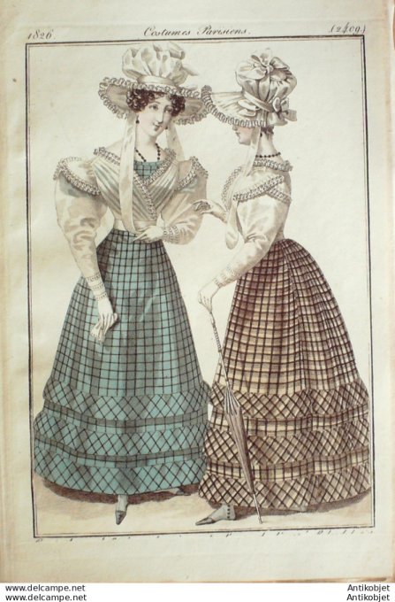 Gravure de mode Costume Parisien 1826 n°2409 Robe de madras bodées corsage