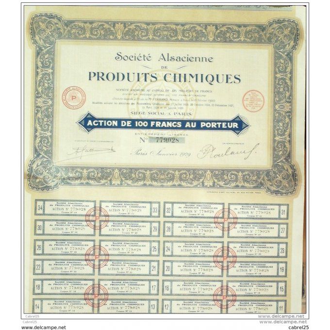 SOCIETE ALSACIENNE de PRODUITS CHIMIQUES-ACTION-100 FR-1928