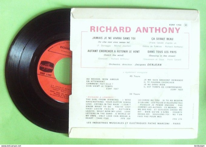 Anthony Richard 45T EP Jamais je ne vivrai sans toi 1965