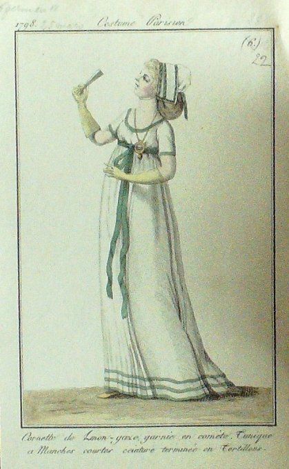 Gravure Mode Costume Parisien 1797 an  6 #  22 (eau forte old Fashion plate