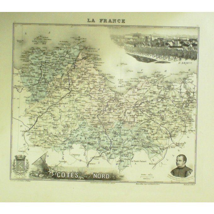 Carte Cotes Du Nord (22) Saint Brieuc Graveur Lecoq Waltner Barbier 1868