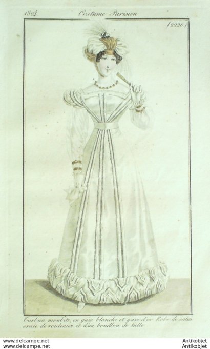 Costume Parisien 1824 # 2220 Robe satin tulle turban morbite en gaze