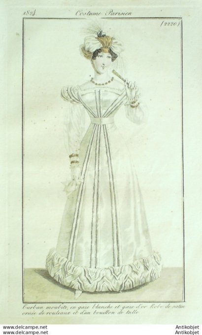 Gravure de mode Costume Parisien 1824 n°2220 Robe satin tulle turban morbite en gaze