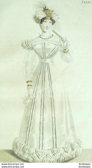 Gravure de mode Costume Parisien 1824 n°2220 Robe satin tulle turban morbite en gaze