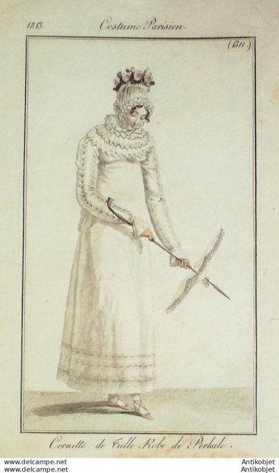 Gravure de mode Costume Parisien 1813 n°1311 Cornette tulle Robe perkale