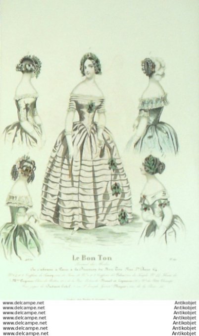 Gravure Mode Le Bon Ton 1843 # 741 (aquarelle old fashion plate)