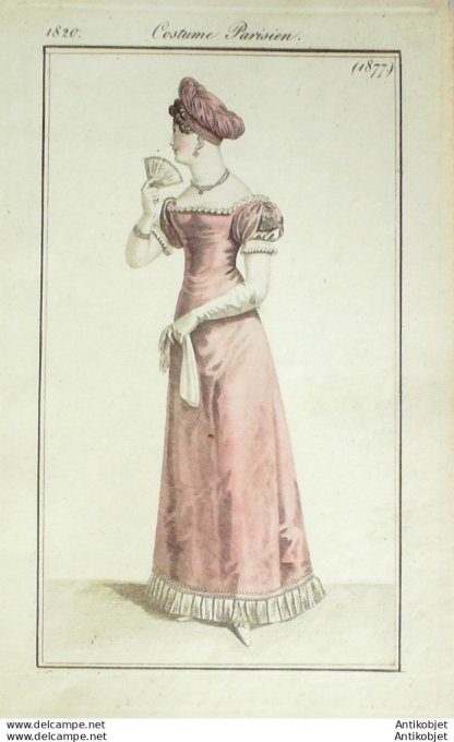 Gravure de mode Costume Parisien 1820 n°1877 Robe velours perles franges