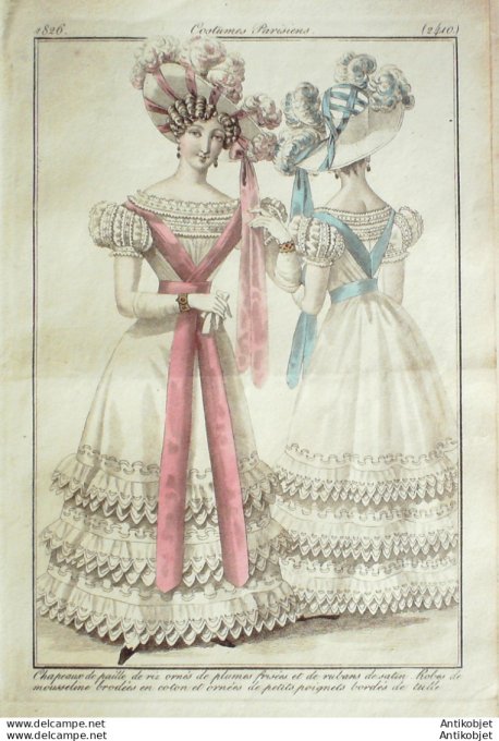 Gravure de mode Costume Parisien 1826 n°2410 Robes mousseline brodées