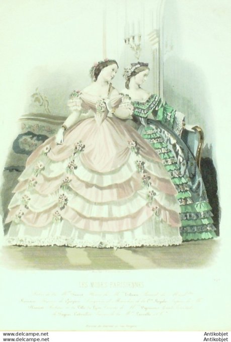 Gravure Les Modes Parisiennes 1860 # 927 Robes de bal Maison Fauvet