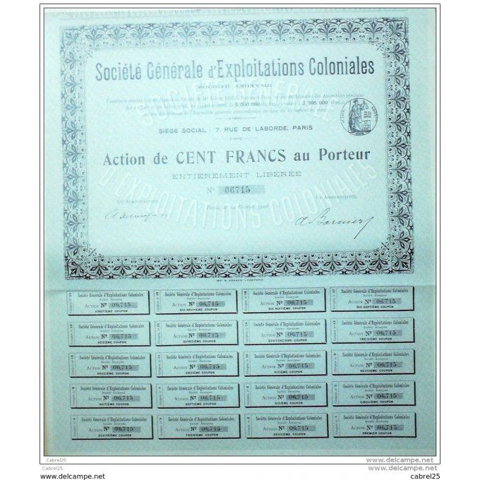 SOCIETE GENERALE d'EXPLOITATIONS COLONIALES-ACTION-100 FR-1904