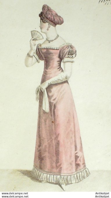 Gravure de mode Costume Parisien 1820 n°1877 Robe velours perles franges
