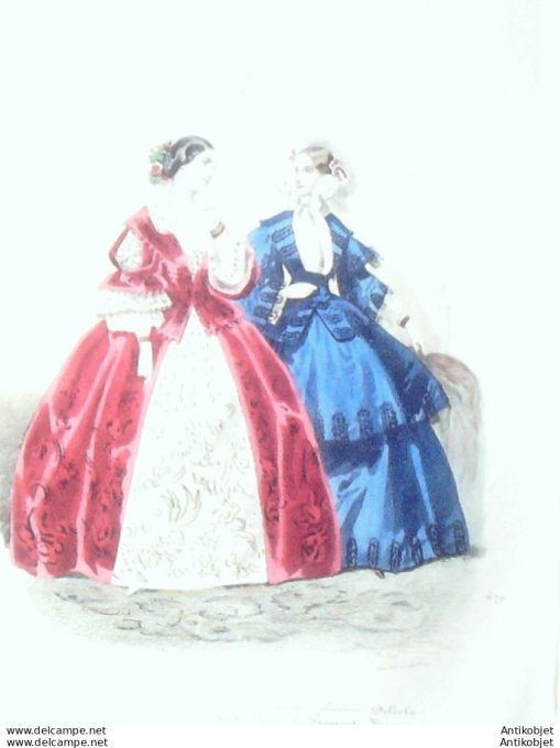 Gravure Les Modes Parisiennes 1851 # 679 Robes dentelles Maison Delisle