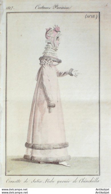 Gravure de mode Costume Parisien 1817 n°1628 Robe garnie de Chichilla