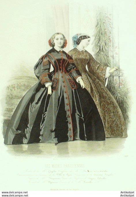 Gravure Les Modes Parisiennes 1860 # 928 Robes de lin Maison Gagelin