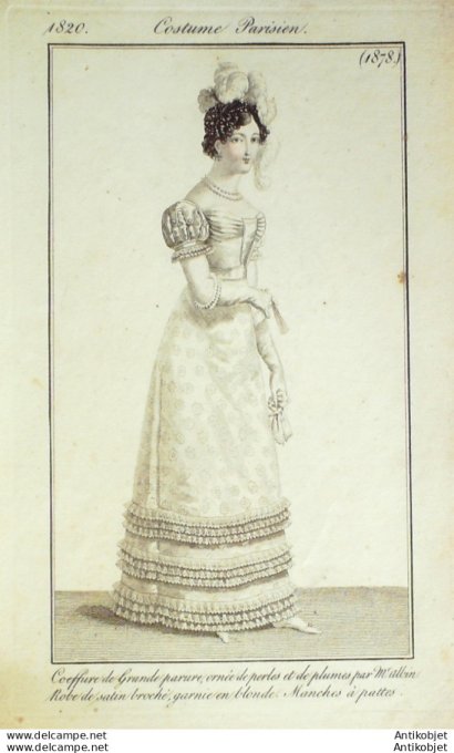Gravure de mode Costume Parisien 1820 n°1878 Robe mousseline