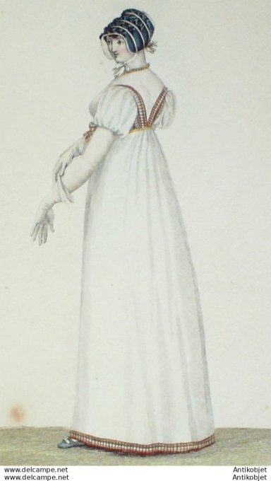 Gravure de mode Costume Parisien 1807 n° 826 Capote de taffetas